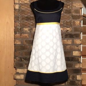 Ann Taylor sleeveless dress white polka dots white black yellow 6